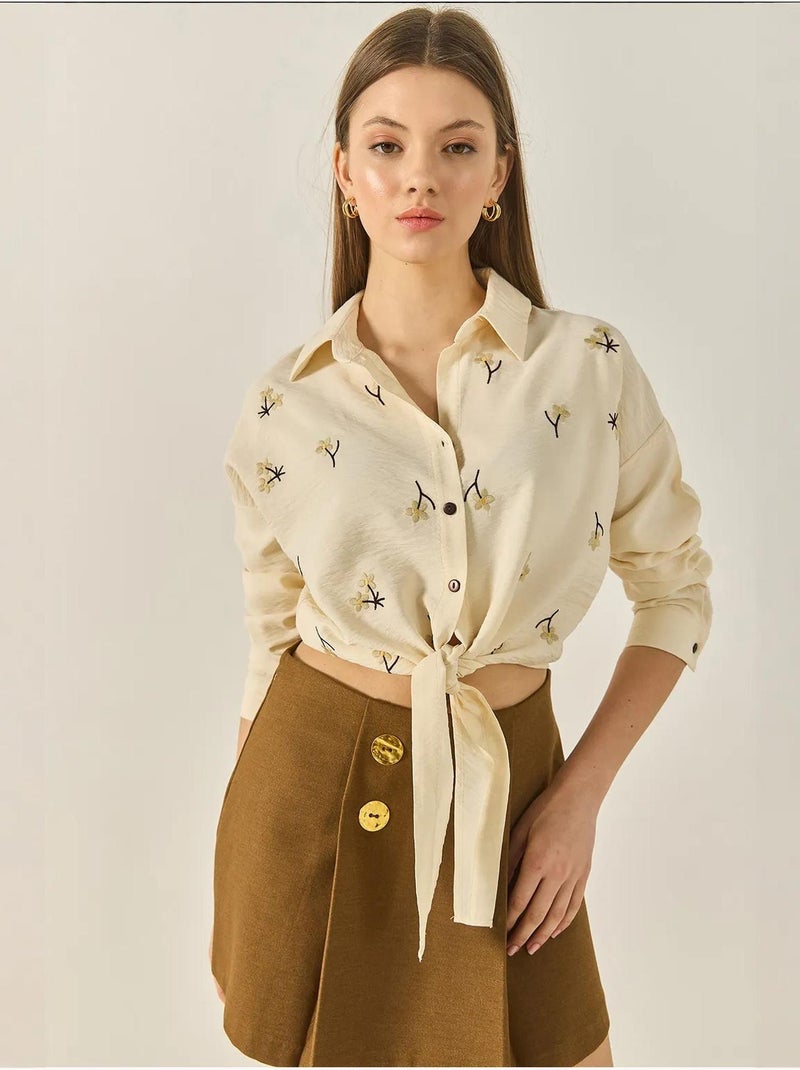 Chemise en popeline brodée avec fermeture à boutons lucci Crème - Kiabi