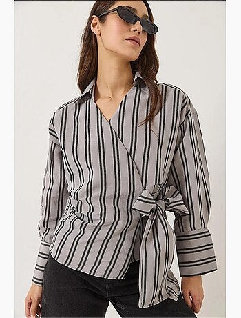 Chemise en popeline rayée à col cache-cœur et à nouer sur le côté lucci