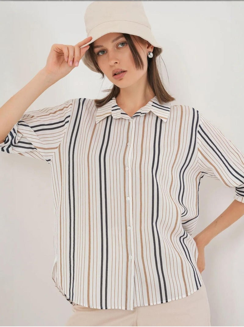 Chemise en popeline rayée à manches trois-quarts bdart Blanc cassé - Kiabi