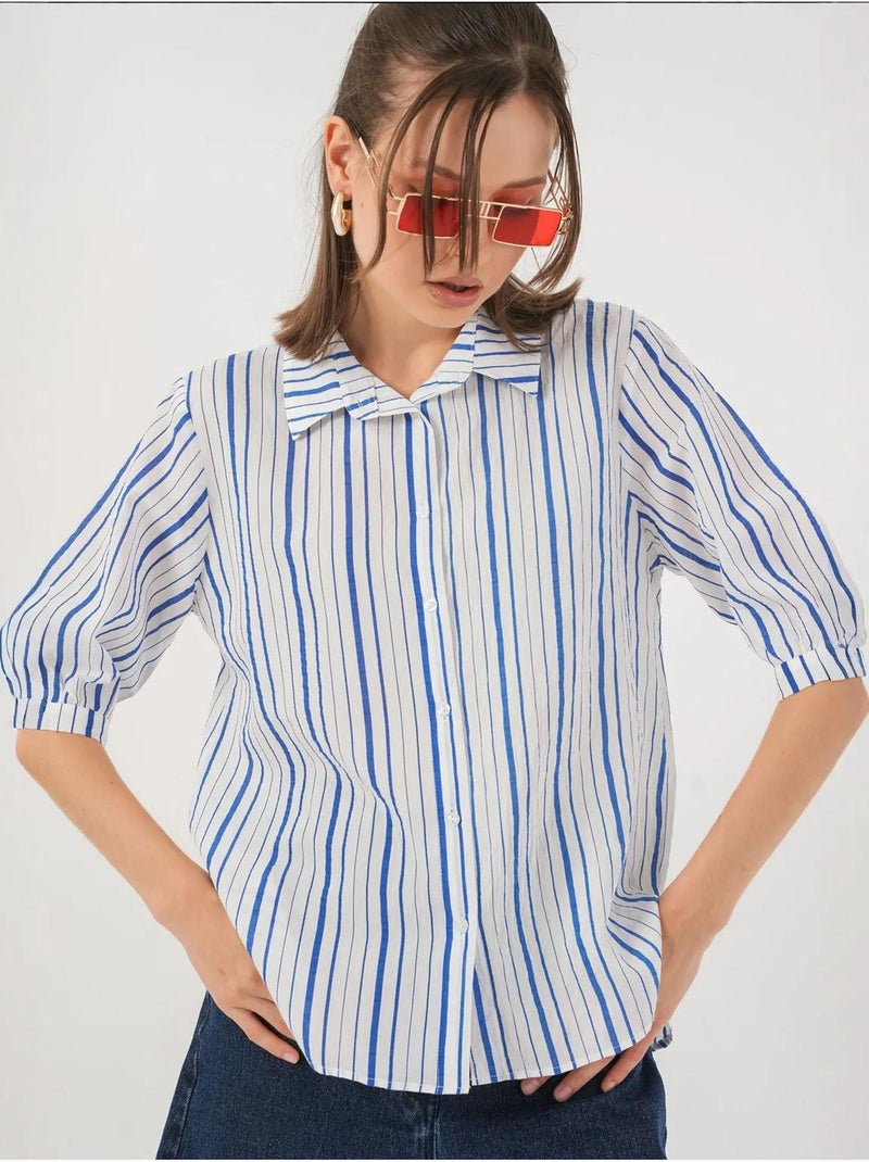 Chemise en popeline rayée à manches trois-quarts bdart Bleu électrique - Kiabi