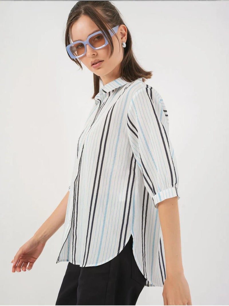Chemise en popeline rayée à manches trois-quarts bdart Bleu pastel - Kiabi