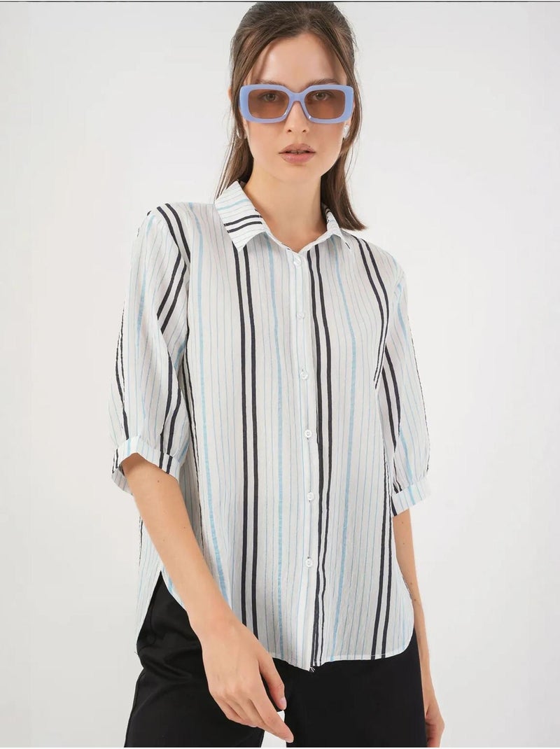 Chemise en popeline rayée à manches trois-quarts bdart Bleu pastel - Kiabi