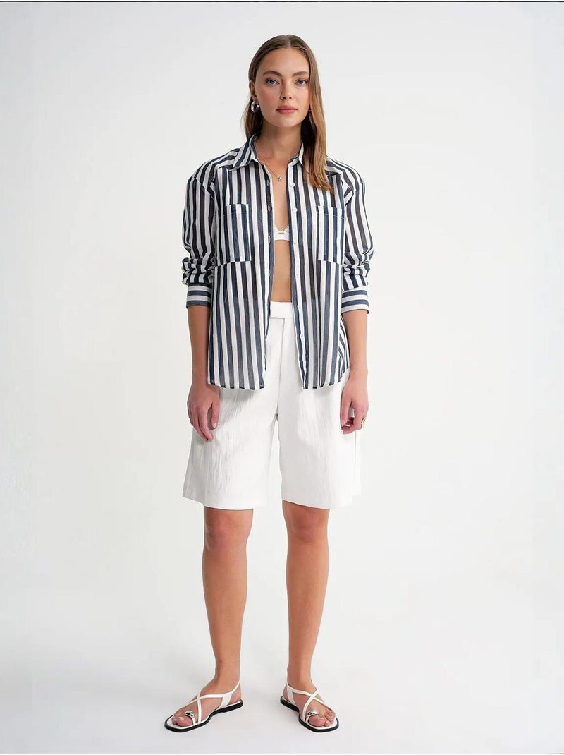 Chemise en popeline rayée avec poche mixray Bleu marine - Kiabi