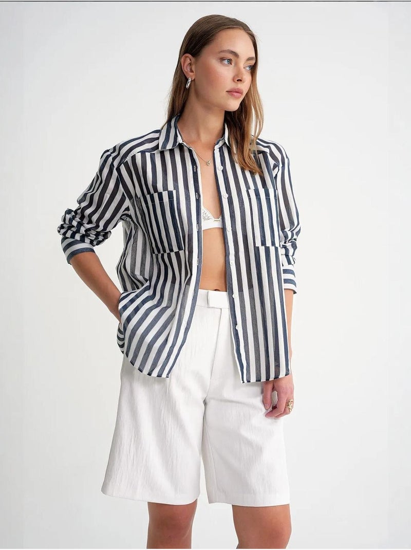 Chemise en popeline rayée avec poche mixray Bleu marine - Kiabi