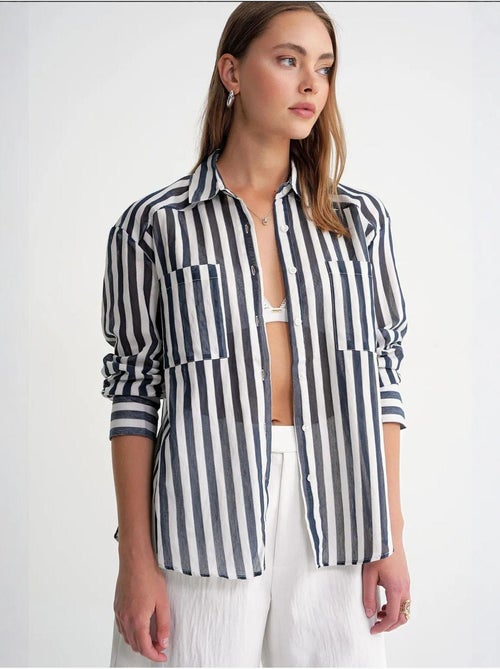 Chemise en popeline rayée avec poche mixray - Kiabi Chemise en popeline rayée avec poche mixray - Kiabi