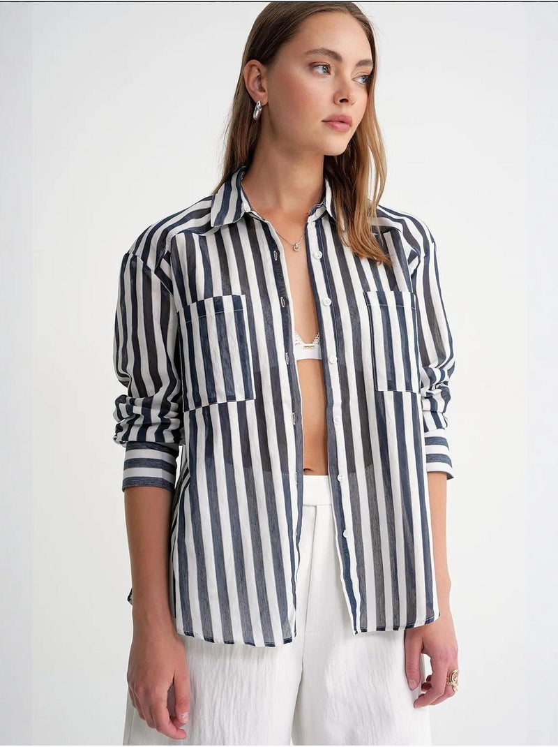Chemise en popeline rayée avec poche mixray Bleu marine - Kiabi