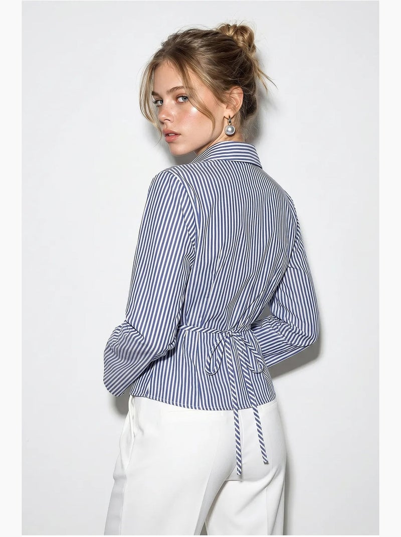 Chemise en popeline rayée cintrée avec détail à nouer lucci Bleu marine - Kiabi