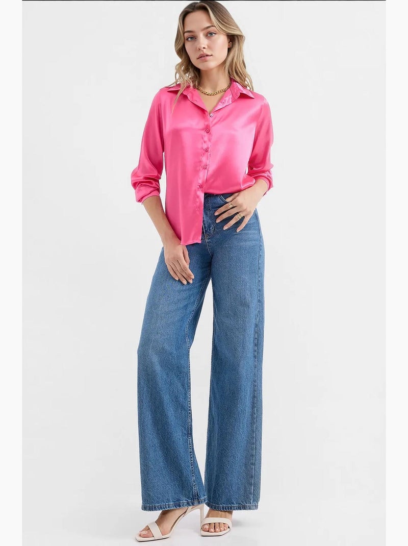 Chemise en satin tissé à boutons bdart Rose fluo/Solinotes - Kiabi