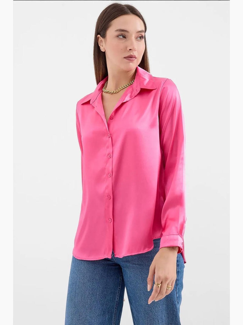 Chemise en satin tissé à boutons bdart Rose fluo/Solinotes - Kiabi