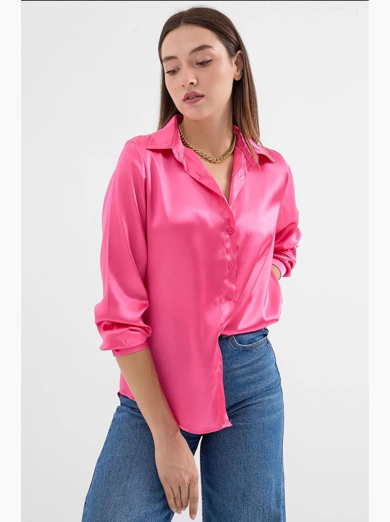 Chemise en satin tissé à boutons bdart Rose fluo/Solinotes - Kiabi