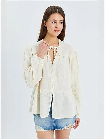 Chemise en seersucker à manches trois-quarts et col ras du cou avec détails de reliure mixray
