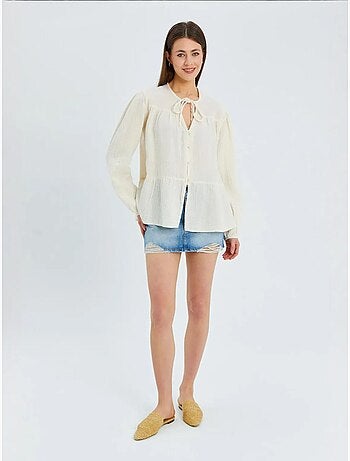 Chemise en seersucker à manches trois-quarts et col ras du cou avec détails de reliure mixray