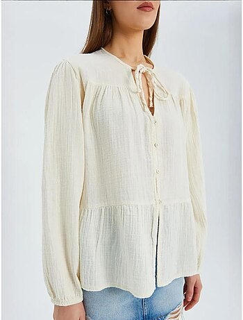 Chemise en seersucker à manches trois-quarts et col ras du cou avec détails de reliure mixray
