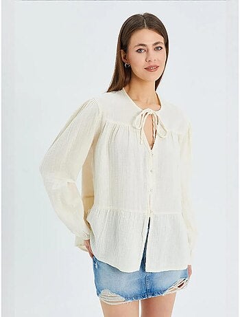 Chemise en seersucker à manches trois-quarts et col ras du cou avec détails de reliure mixray