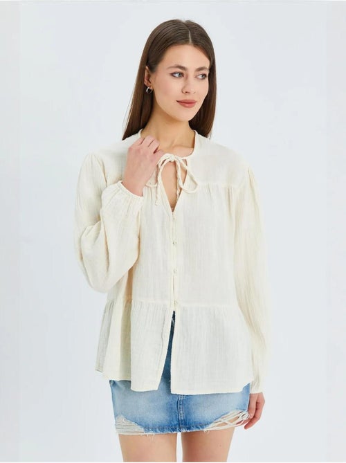 Chemise en seersucker à manches trois-quarts et col ras du cou avec détails de reliure mixray - Kiabi
