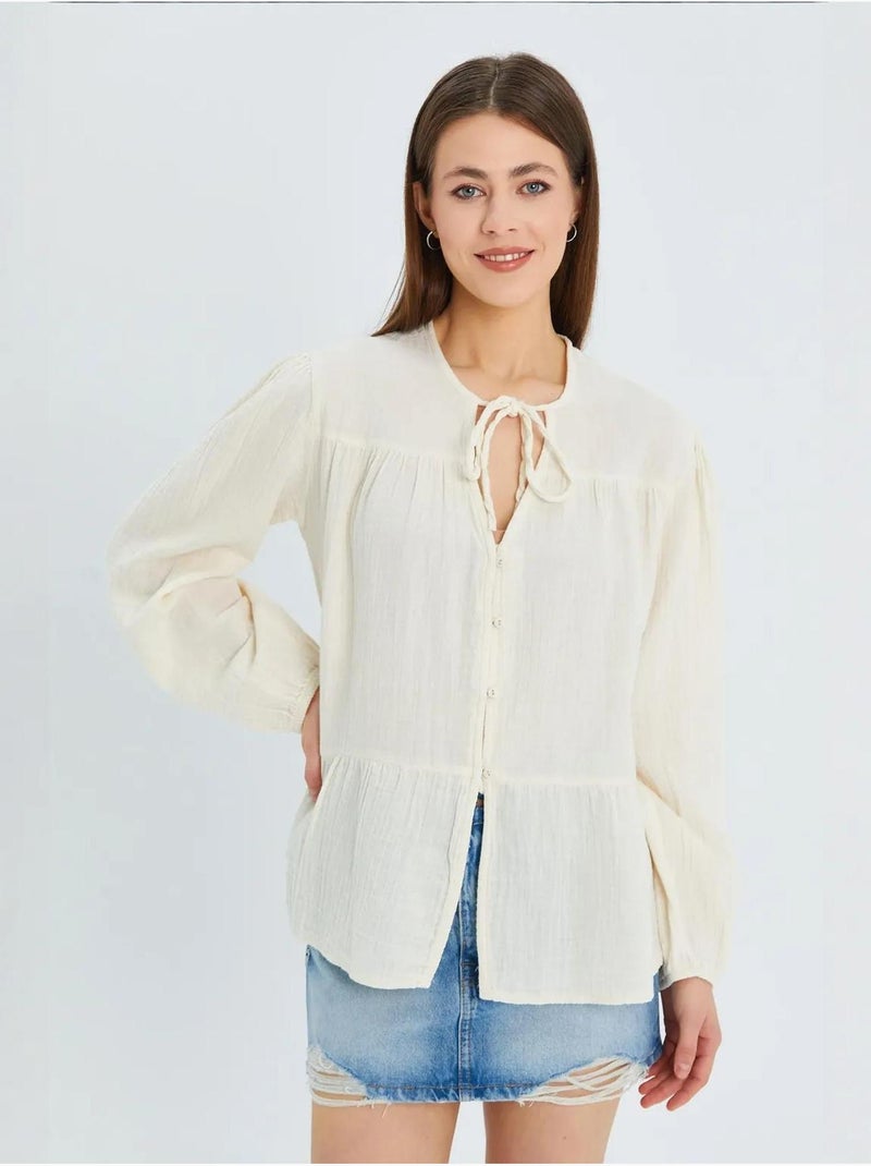 Chemise en seersucker à manches trois-quarts et col ras du cou avec détails de reliure mixray Beige - Kiabi