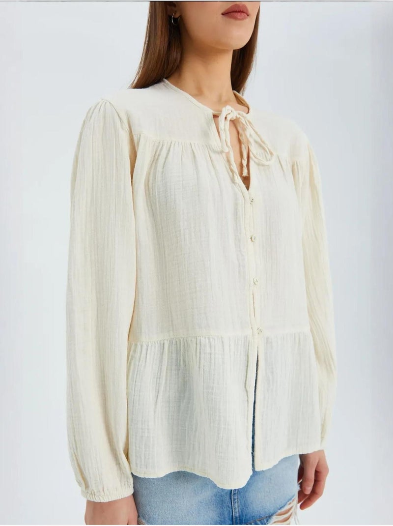 Chemise en seersucker à manches trois-quarts et col ras du cou avec détails de reliure mixray Beige - Kiabi