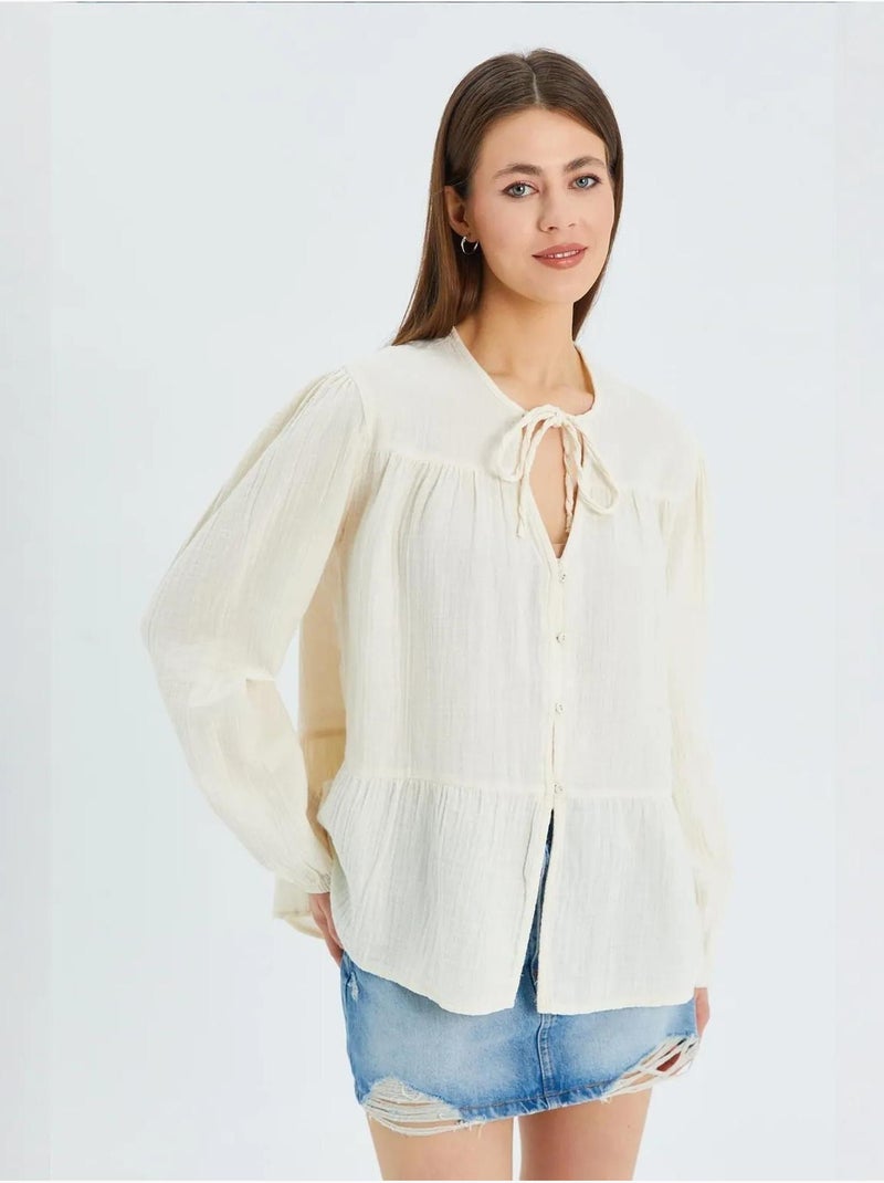 Chemise en seersucker à manches trois-quarts et col ras du cou avec détails de reliure mixray Beige - Kiabi