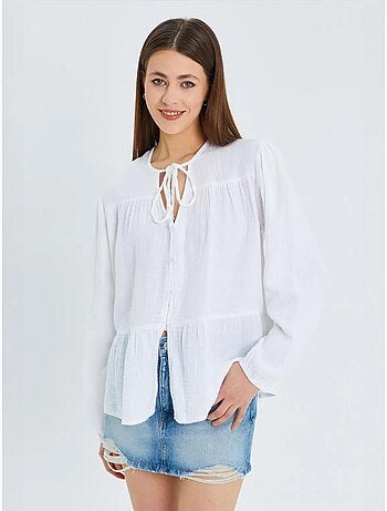 Chemise en seersucker à manches trois-quarts et col ras du cou avec détails de reliure mixray