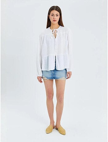 Chemise en seersucker à manches trois-quarts et col ras du cou avec détails de reliure mixray