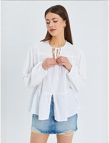 Chemise en seersucker à manches trois-quarts et col ras du cou avec détails de reliure mixray