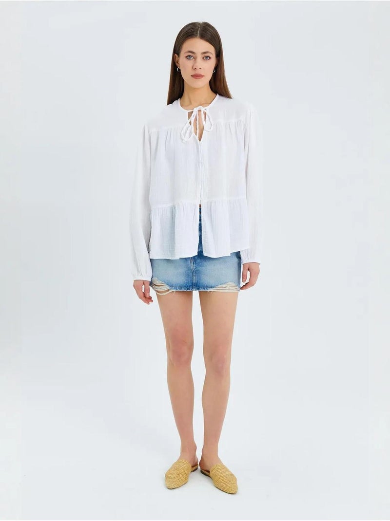 Chemise en seersucker à manches trois-quarts et col ras du cou avec détails de reliure mixray Blanc - Kiabi