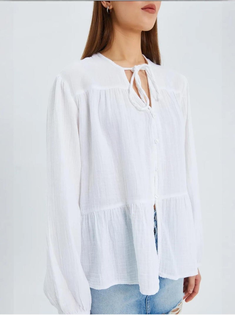 Chemise en seersucker à manches trois-quarts et col ras du cou avec détails de reliure mixray Blanc - Kiabi