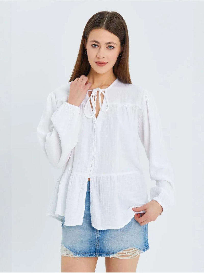 Chemise en seersucker à manches trois-quarts et col ras du cou avec détails de reliure mixray Blanc - Kiabi