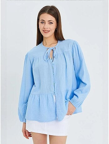 Chemise en seersucker à manches trois-quarts et col ras du cou avec détails de reliure mixray