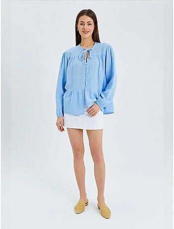 Chemise en seersucker à manches trois-quarts et col ras du cou avec détails de reliure mixray