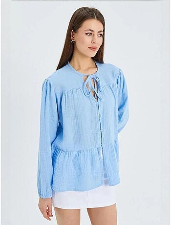 Chemise en seersucker à manches trois-quarts et col ras du cou avec détails de reliure mixray