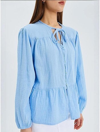 Chemise en seersucker à manches trois-quarts et col ras du cou avec détails de reliure mixray