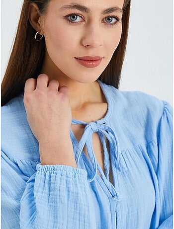 Chemise en seersucker à manches trois-quarts et col ras du cou avec détails de reliure mixray