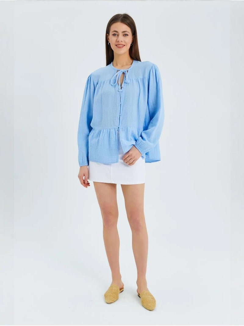 Chemise en seersucker à manches trois-quarts et col ras du cou avec détails de reliure mixray Bleu ciel - Kiabi