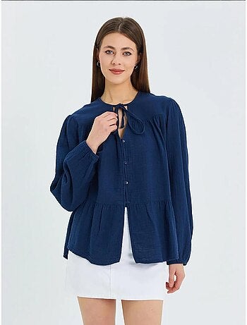 Chemise en seersucker à manches trois-quarts et col ras du cou avec détails de reliure mixray