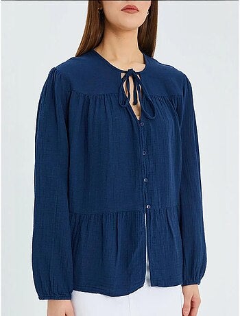 Chemise en seersucker à manches trois-quarts et col ras du cou avec détails de reliure mixray