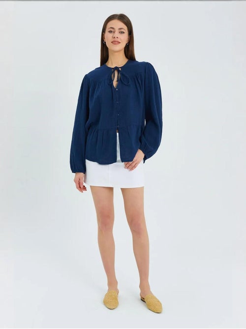 Chemise en seersucker à manches trois-quarts et col ras du cou avec détails de reliure mixray - Kiabi