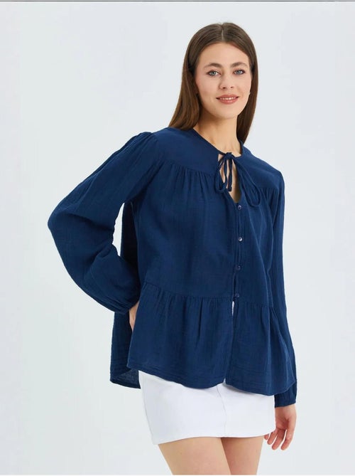 Chemise en seersucker à manches trois-quarts et col ras du cou avec détails de reliure mixray - Kiabi