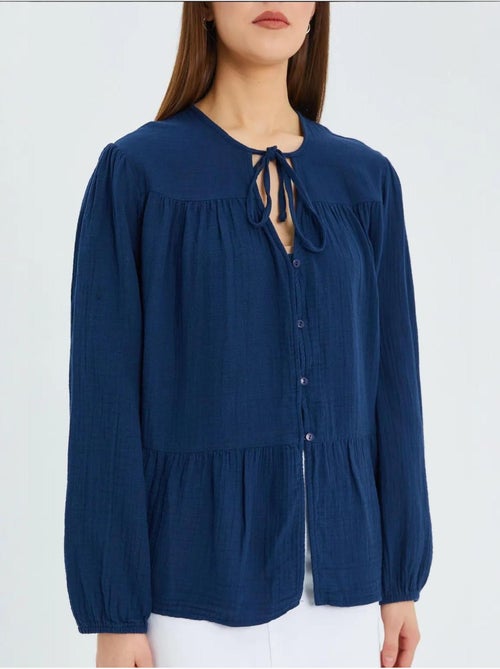 Chemise en seersucker à manches trois-quarts et col ras du cou avec détails de reliure mixray - Kiabi