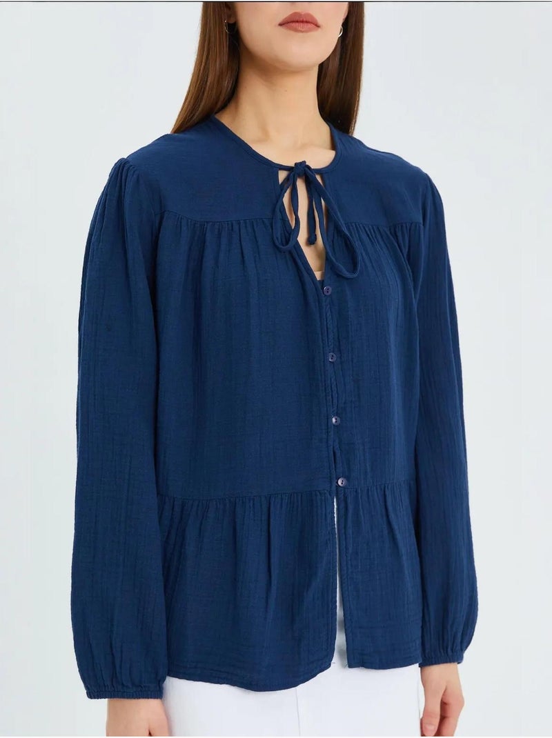 Chemise en seersucker à manches trois-quarts et col ras du cou avec détails de reliure mixray Bleu marine - Kiabi