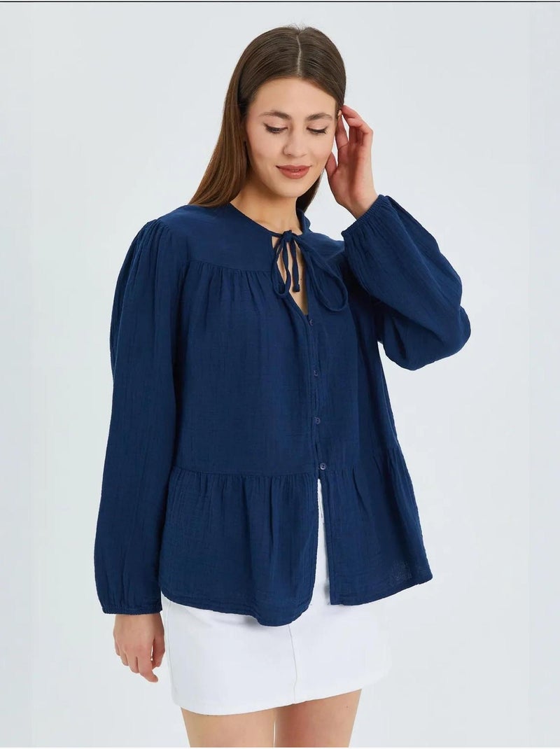 Chemise en seersucker à manches trois-quarts et col ras du cou avec détails de reliure mixray Bleu marine - Kiabi