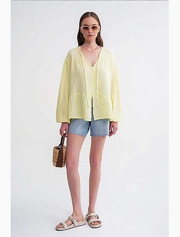 Chemise en seersucker à manches trois-quarts et col ras du cou avec détails de reliure mixray