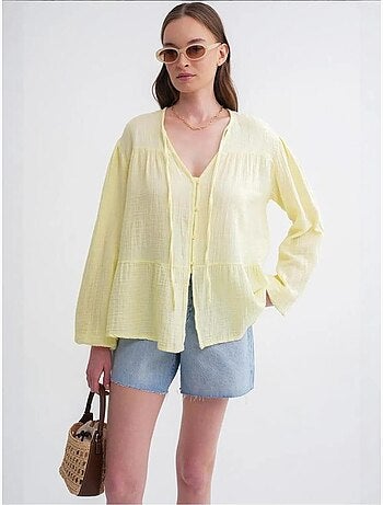 Chemise en seersucker à manches trois-quarts et col ras du cou avec détails de reliure mixray