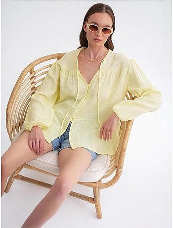 Chemise en seersucker à manches trois-quarts et col ras du cou avec détails de reliure mixray