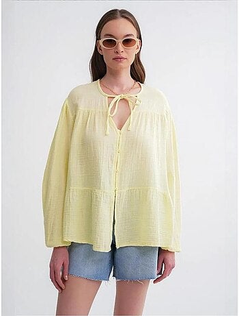 Chemise en seersucker à manches trois-quarts et col ras du cou avec détails de reliure mixray