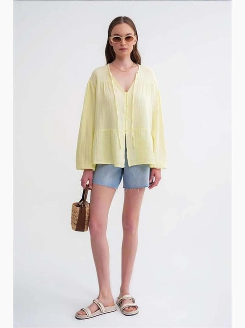 Chemise en seersucker à manches trois-quarts et col ras du cou avec détails de reliure mixray - Kiabi