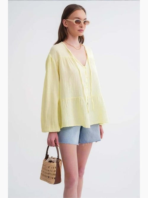 Chemise en seersucker à manches trois-quarts et col ras du cou avec détails de reliure mixray - Kiabi