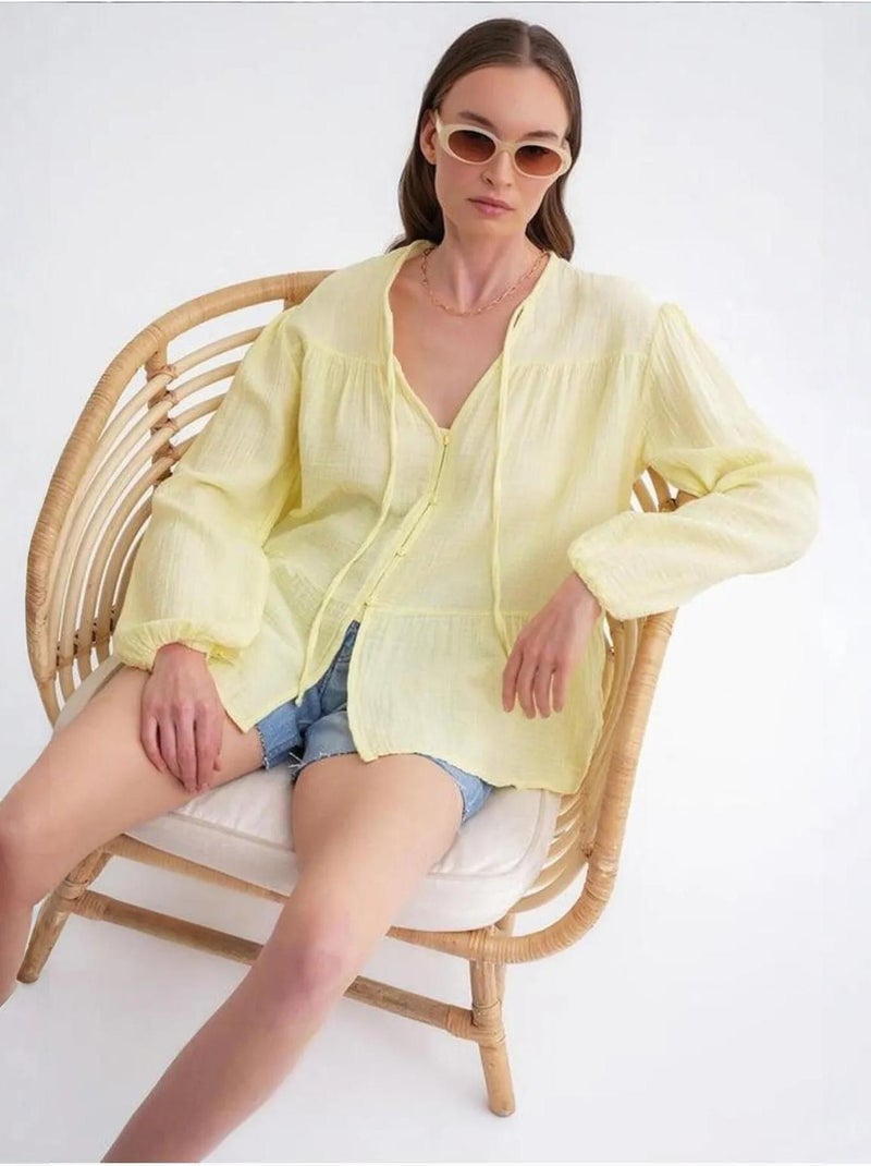 Chemise en seersucker à manches trois-quarts et col ras du cou avec détails de reliure mixray Jaune citron - Kiabi