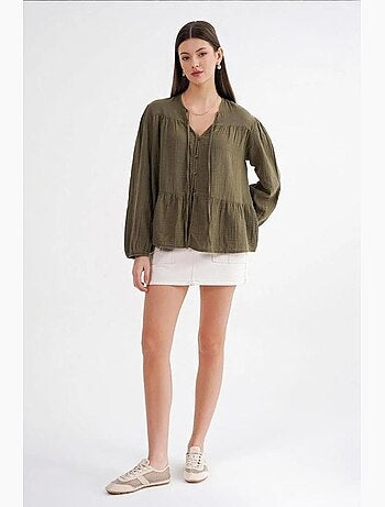Chemise en seersucker à manches trois-quarts et col ras du cou avec détails de reliure mixray