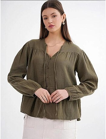 Chemise en seersucker à manches trois-quarts et col ras du cou avec détails de reliure mixray